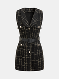 Belted Plaid Tweed Sleeveless Mini Dress
