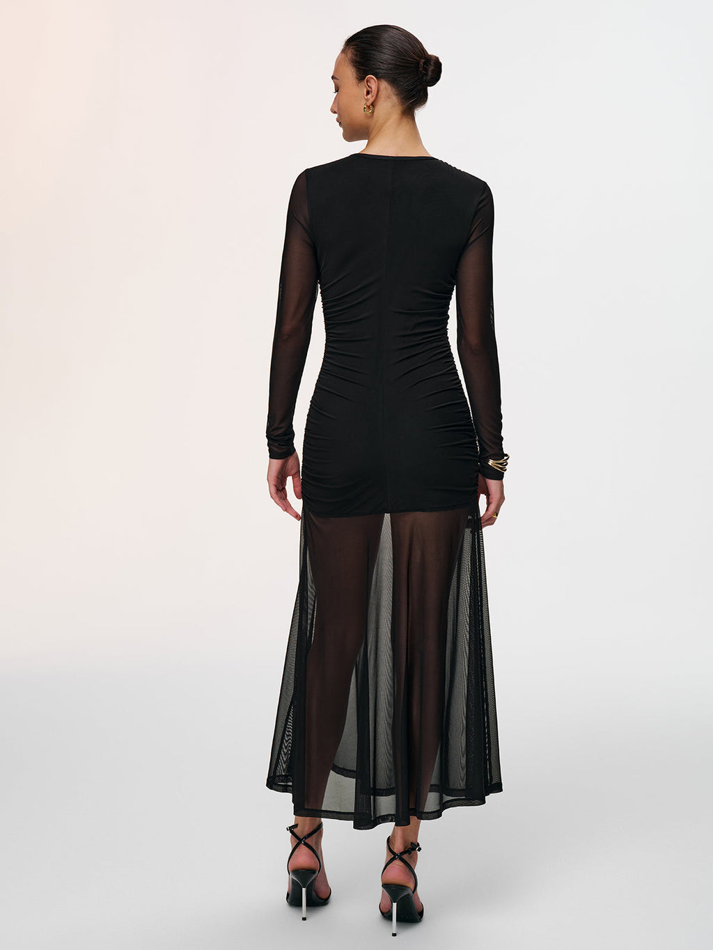 Semi-Sheer Mesh Ruched Keyhole-Neck Dress