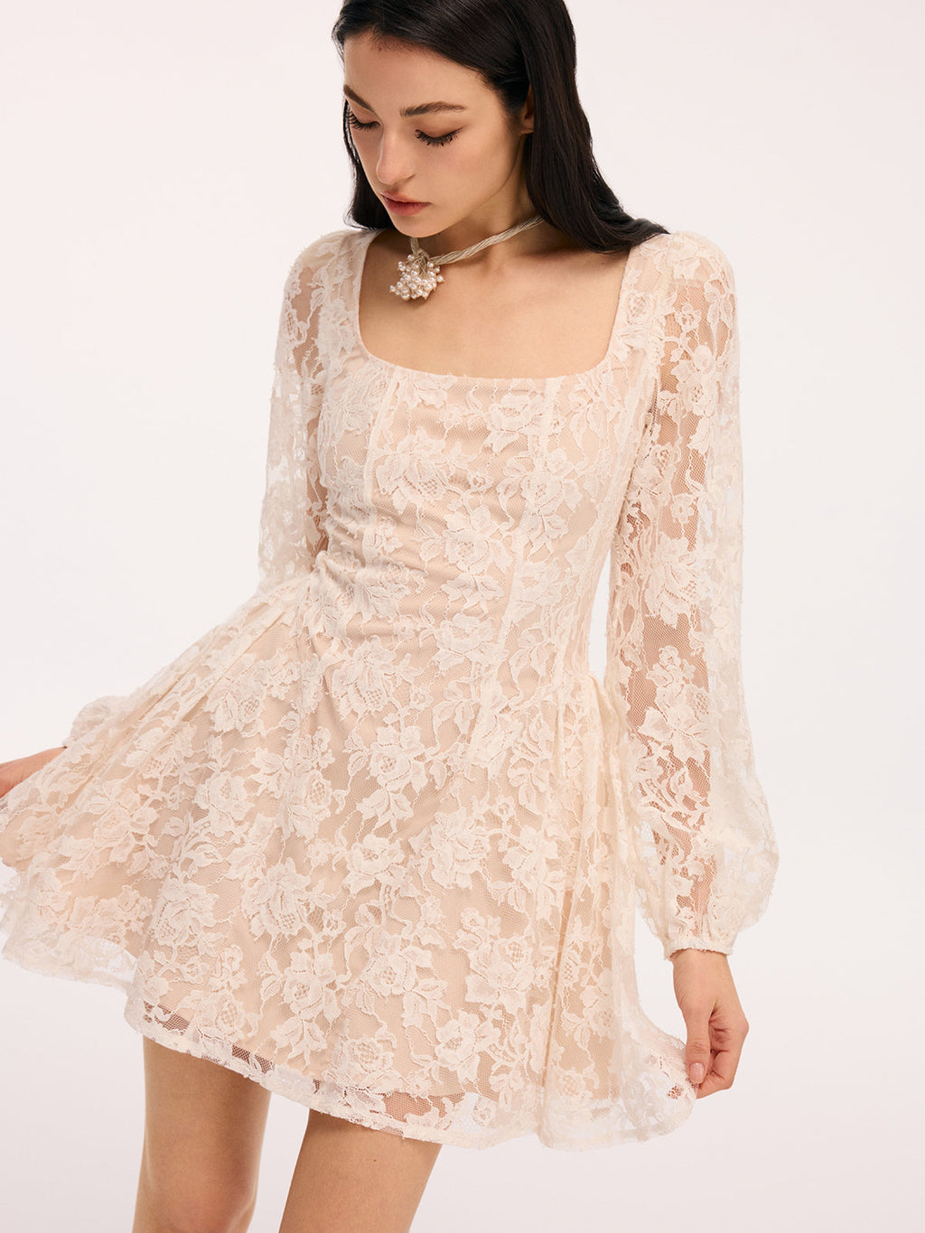Semi-Sheer Floral Lace Square Neck Mini Dress