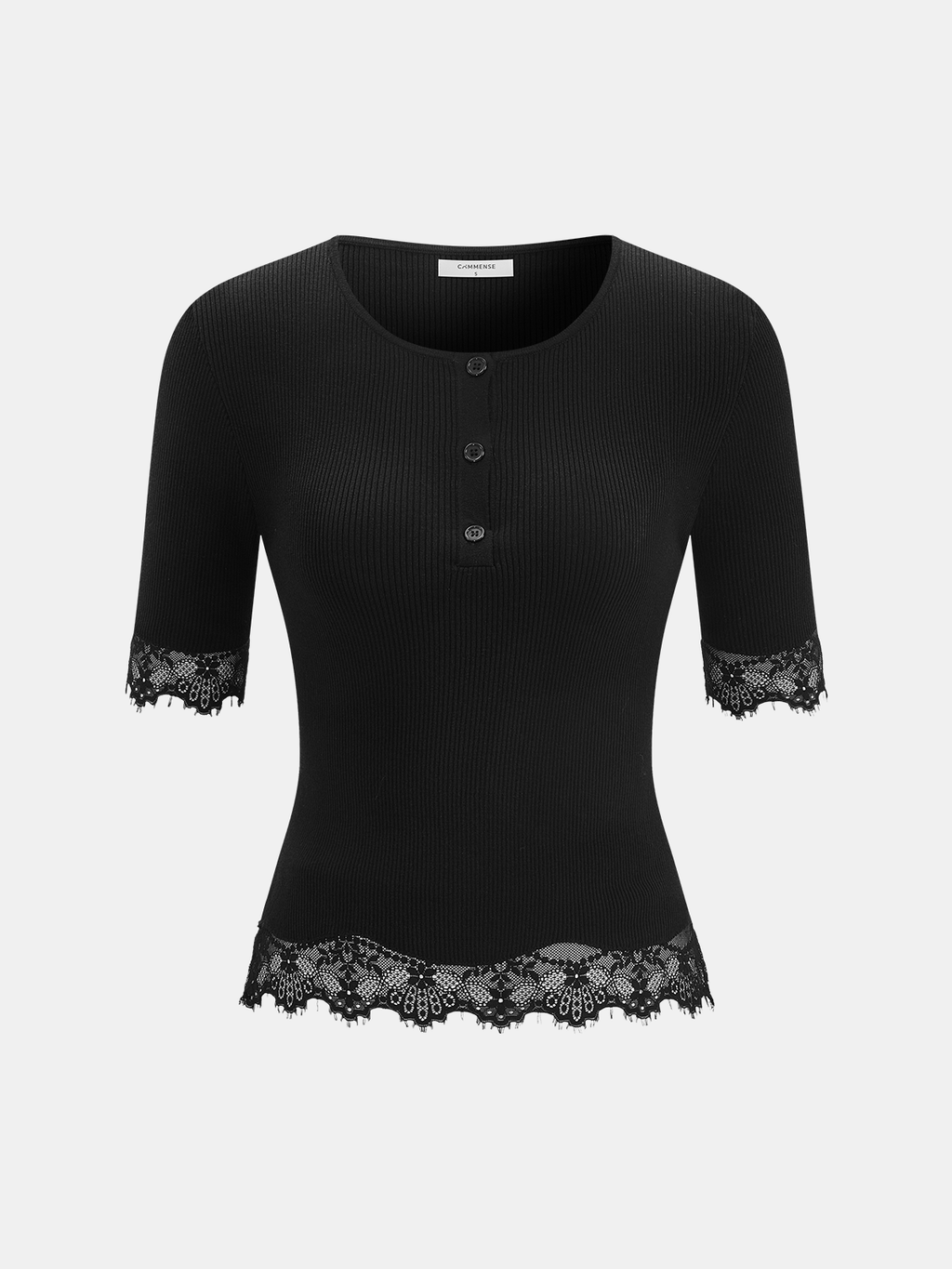Lace Trim Button Front Ribbed Knit Top