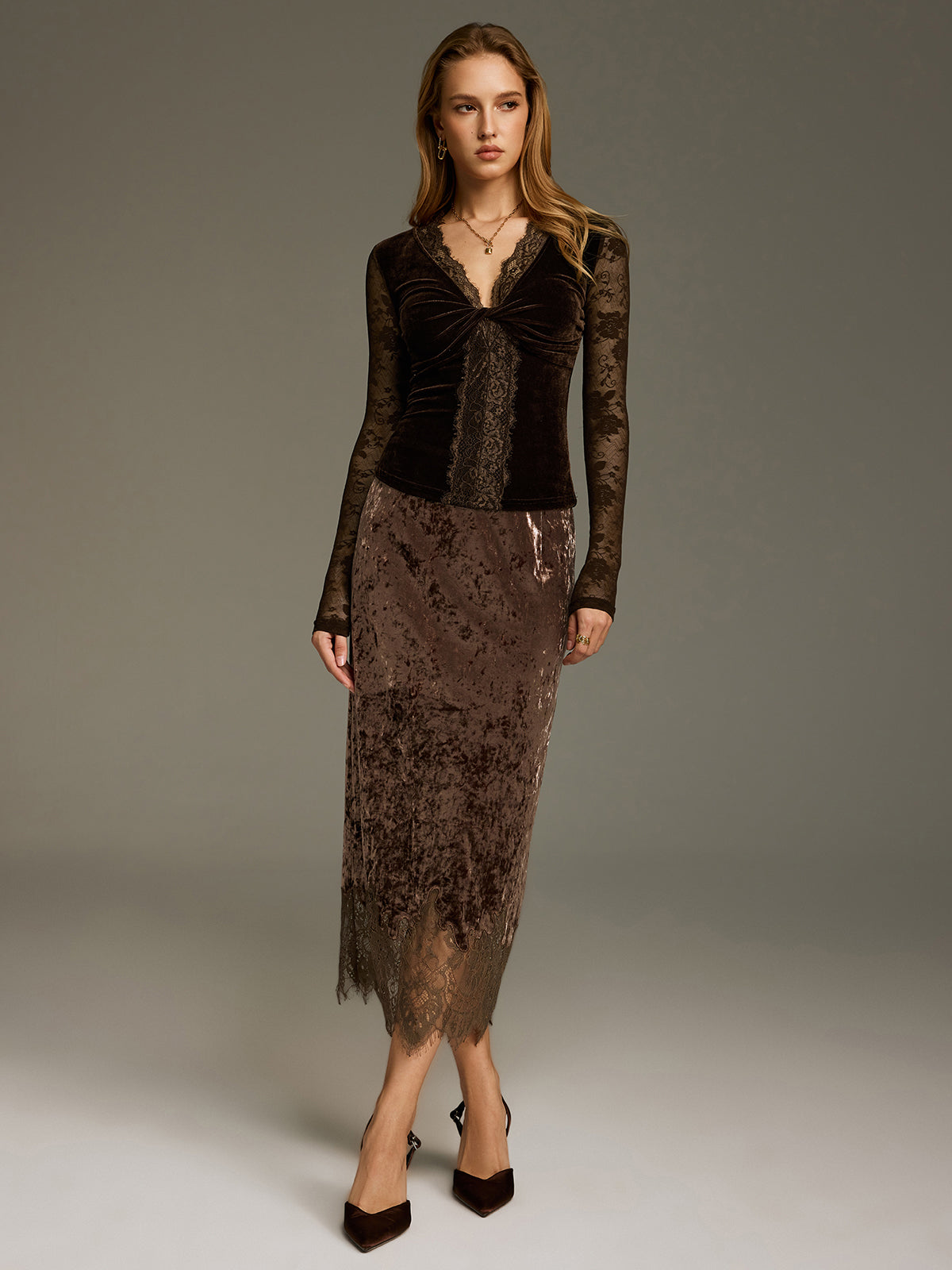 Velvet V-Neck Lace Panel Twisted Top