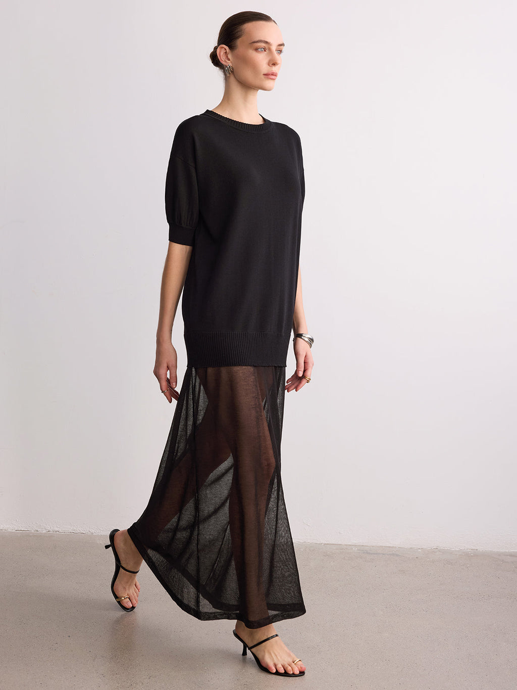 Short Sleeve Sheer Hem Knit Maxi Dress