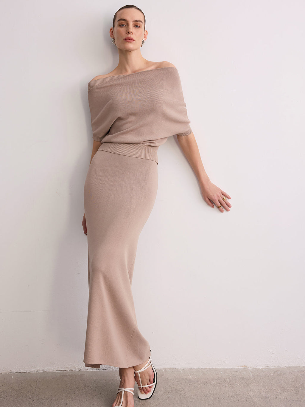 Off-Shoulder Knit Top & Maxi Skirt Set