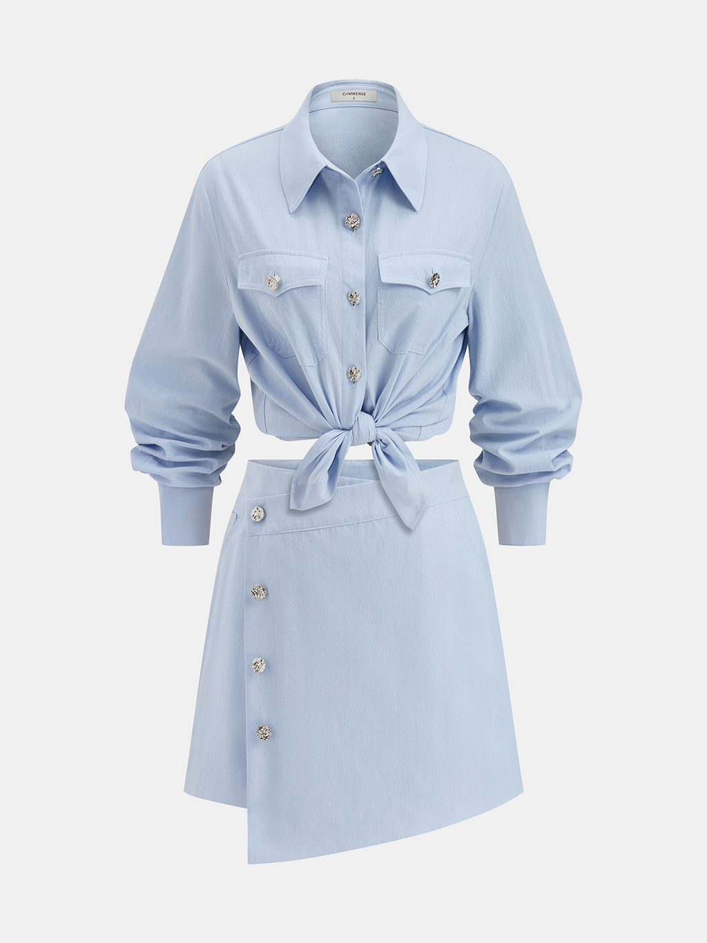 Cotton Knot-Front Shirt & Asymmetrical Skirt Set