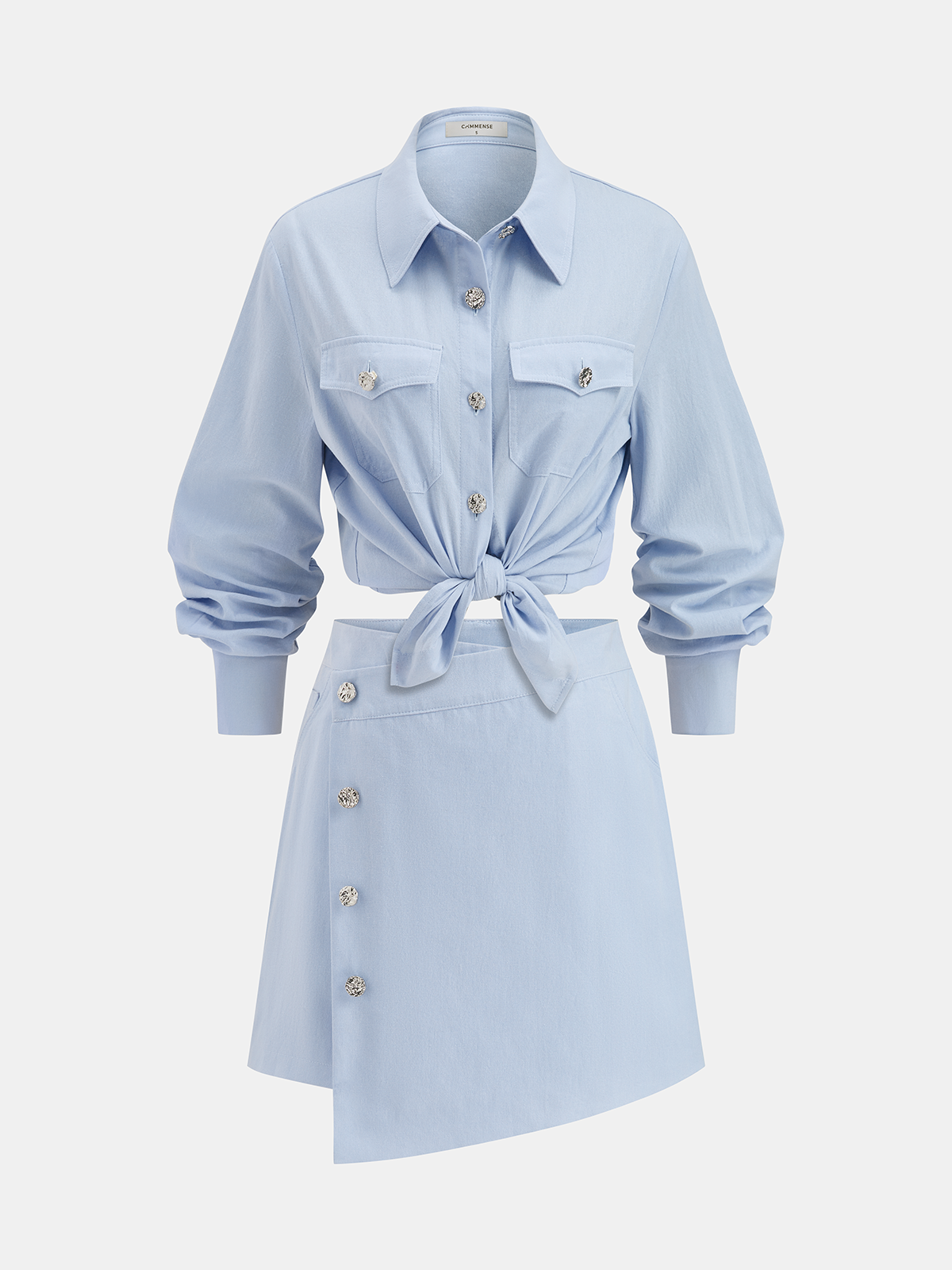 Cotton Knot-Front Shirt & Asymmetrical Skirt Set