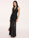 Halter Blazer Vest & Sheer Pleated Maxi Skirt