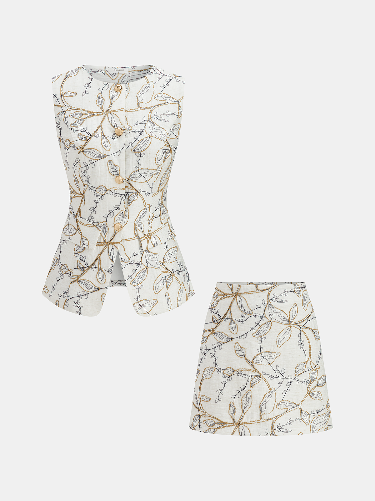 Printed Metal Button Vest & Mini Skirt Set