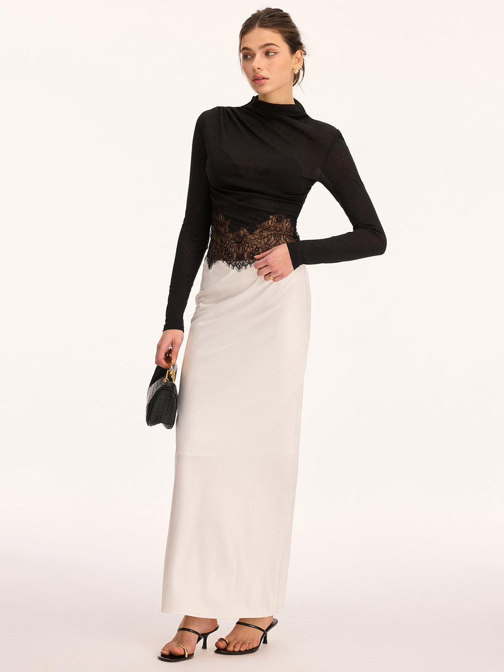 Lace Panel High Neck Long Sleeve Knit Top