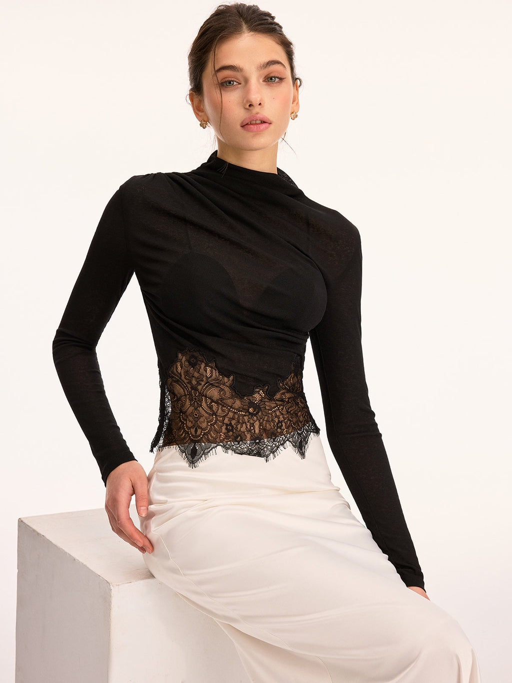 Lace Panel High Neck Long Sleeve Knit Top