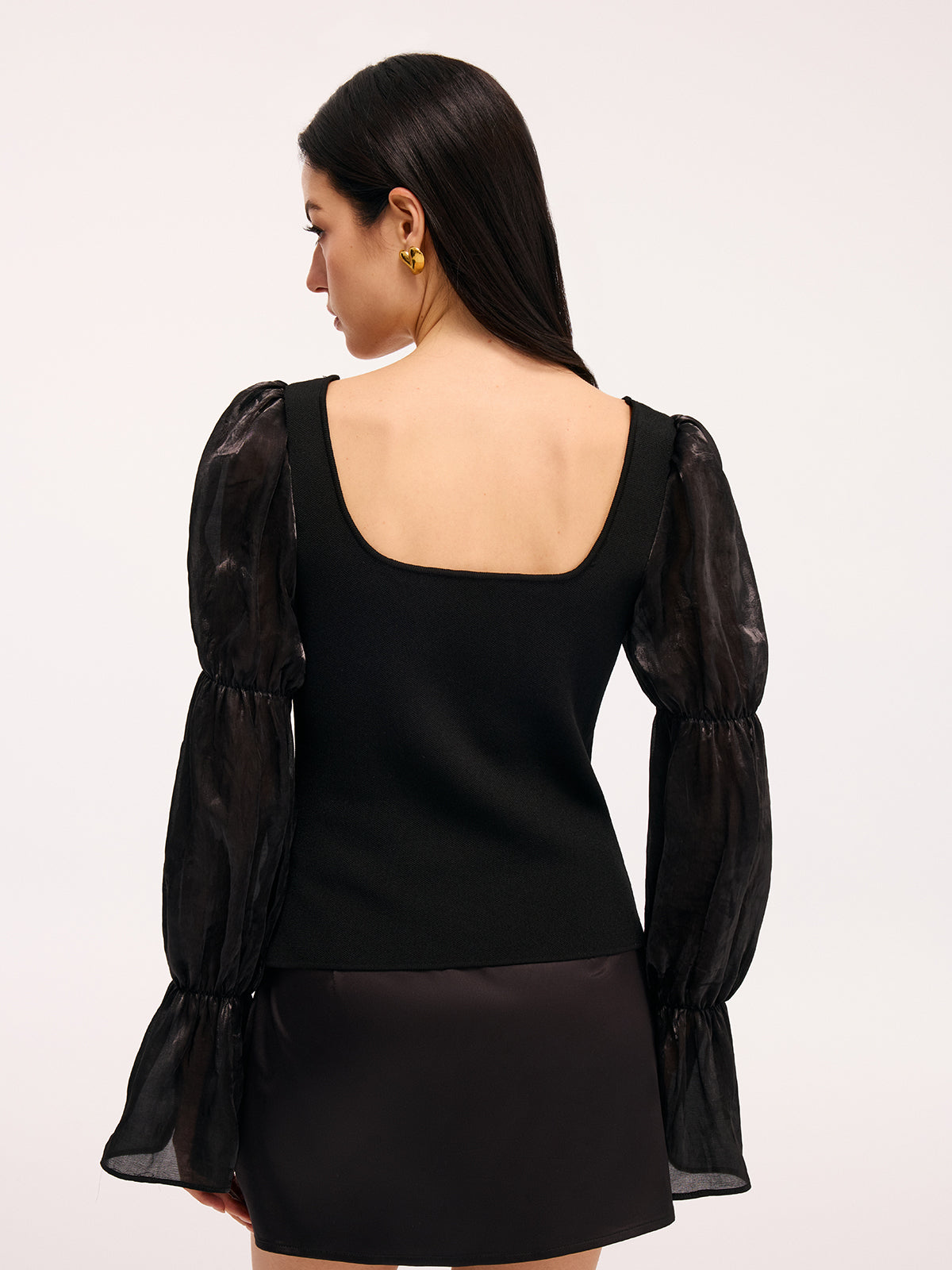 Metal Button Puff Sleeve Knit Square Neck Top