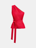 One Shoulder Linen Blend Belted Top