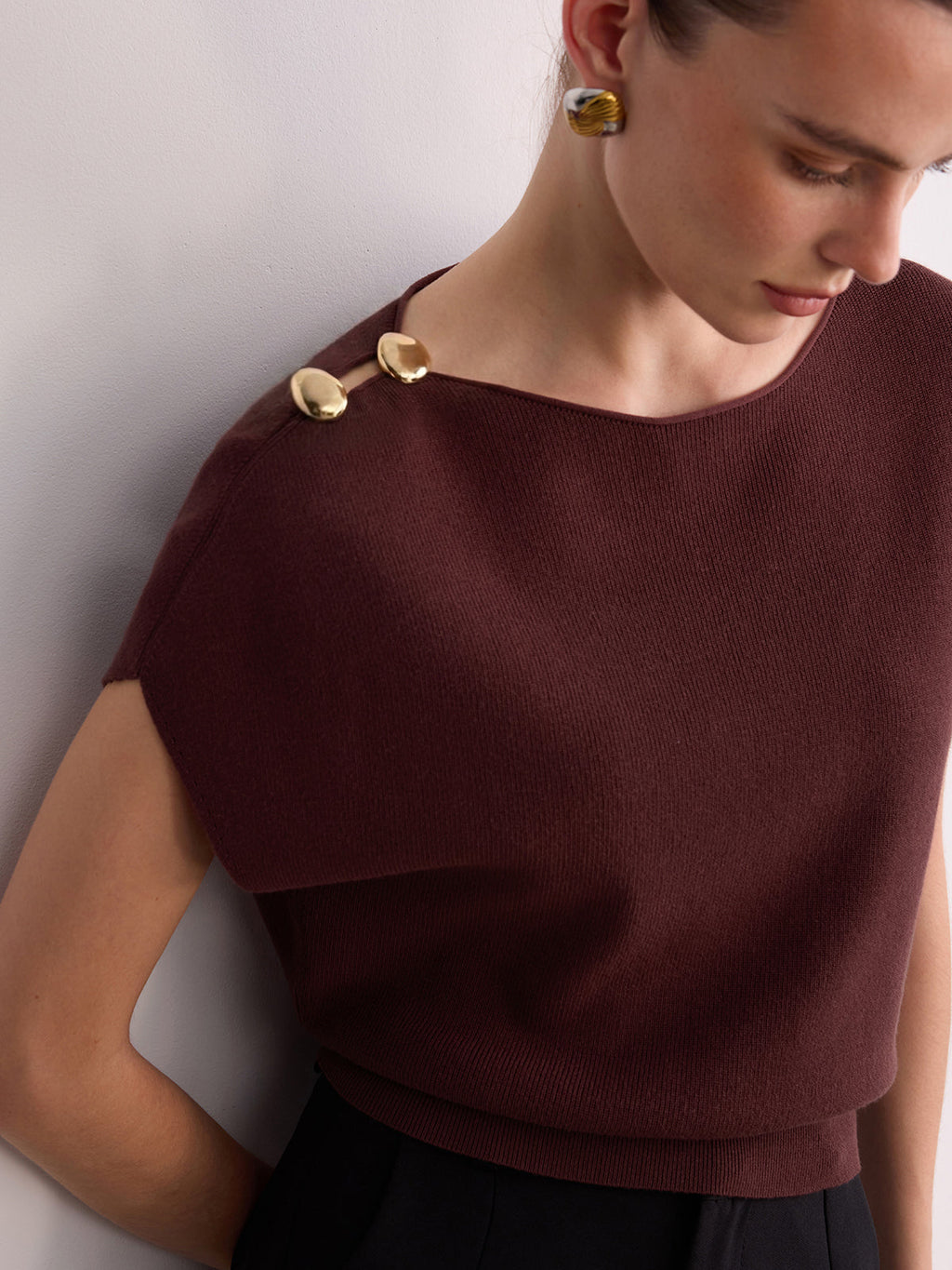 Metal Detail Batwing Sleeve Oversized Knit Top