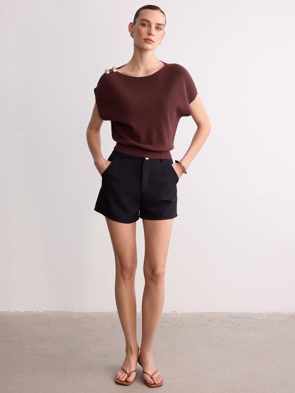 Metal Detail Batwing Sleeve Oversized Knit Top