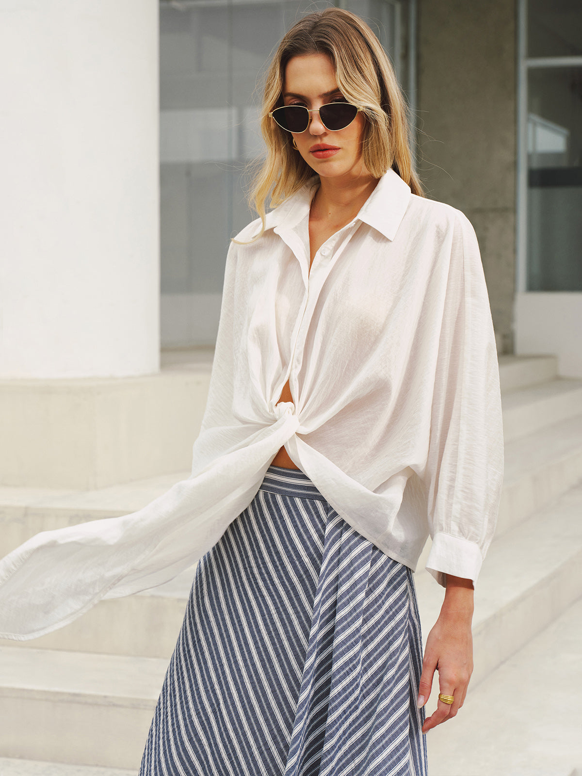Twist Front Balloon Sleeve Button-Down Shirt