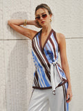 Halter Striped Satin Tie-Waist Blouse