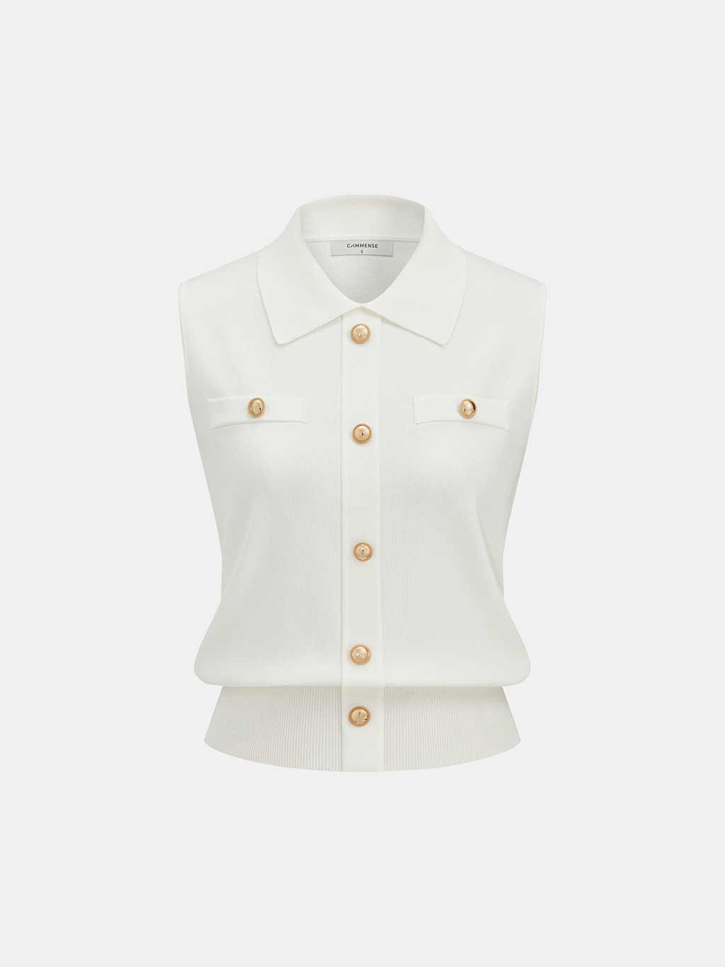 Metal Button Collared Sleeveless Knit Top
