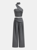 Asymmetrical Halter Crop Top & Pants Set