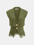Lace Trim Metal Button V-Neck Knit Vest