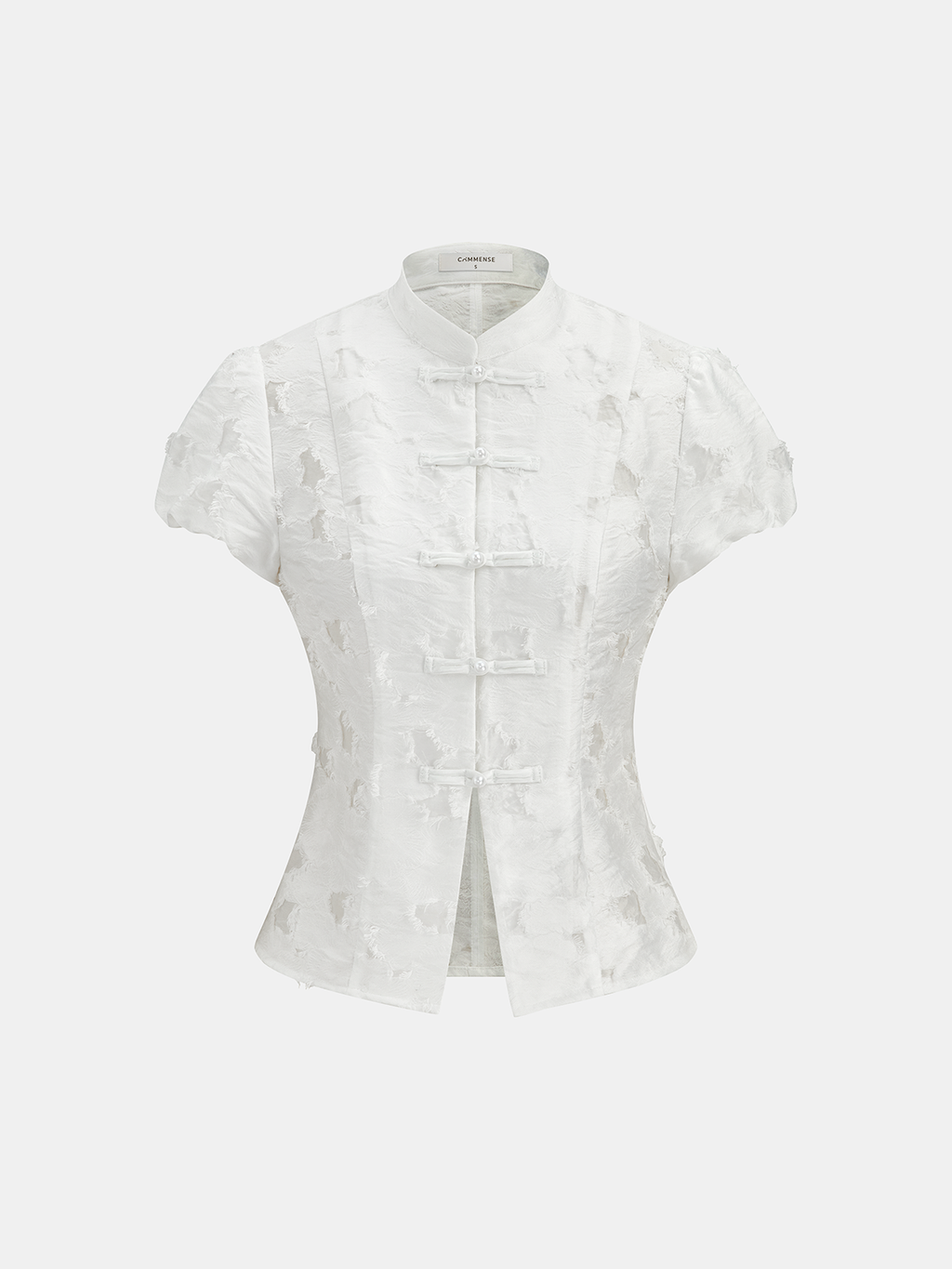 Frog Button Mandarin Collar Textured Blouse