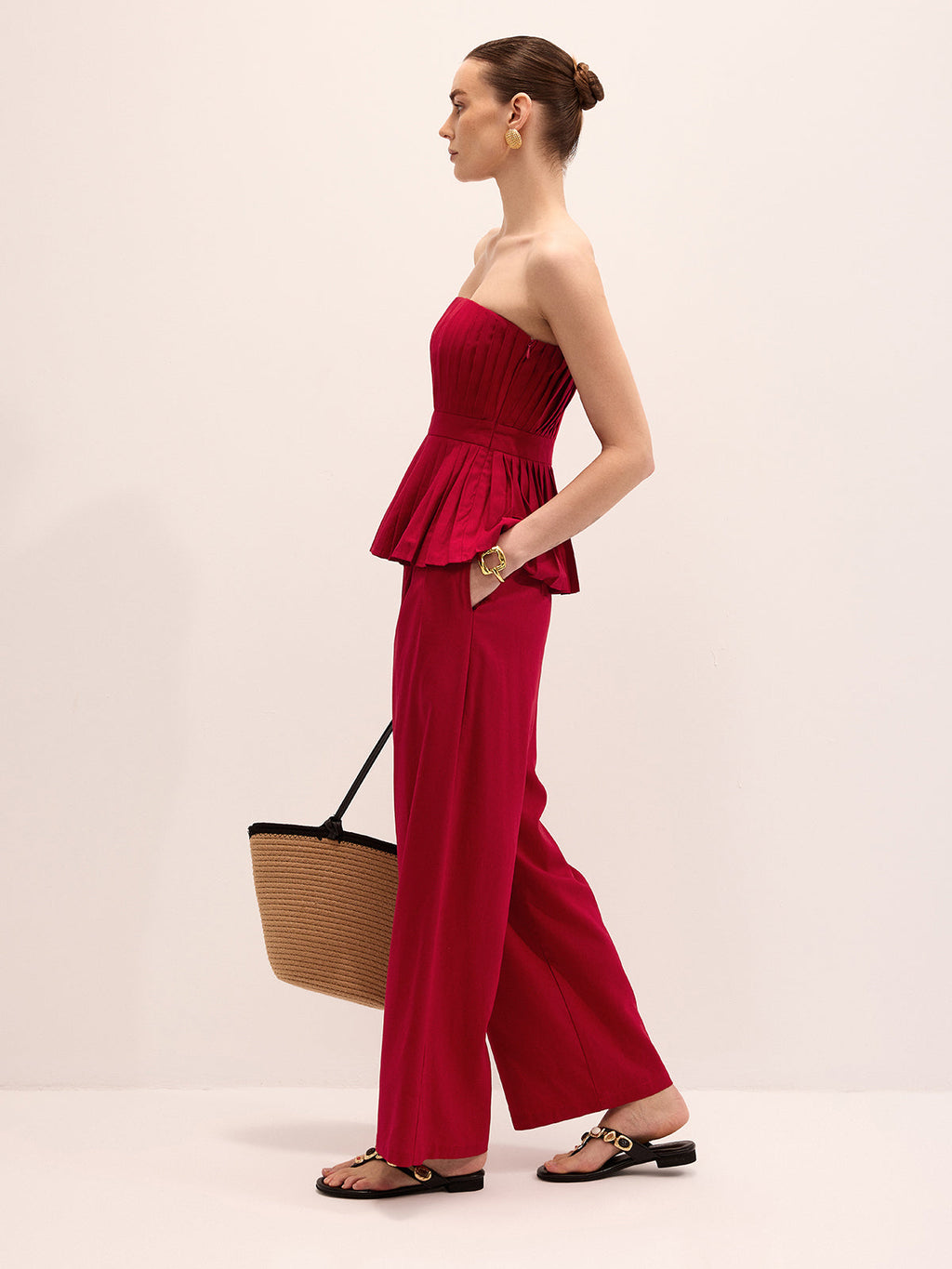 Strapless Pleated Linen Blend Top & Pants Set