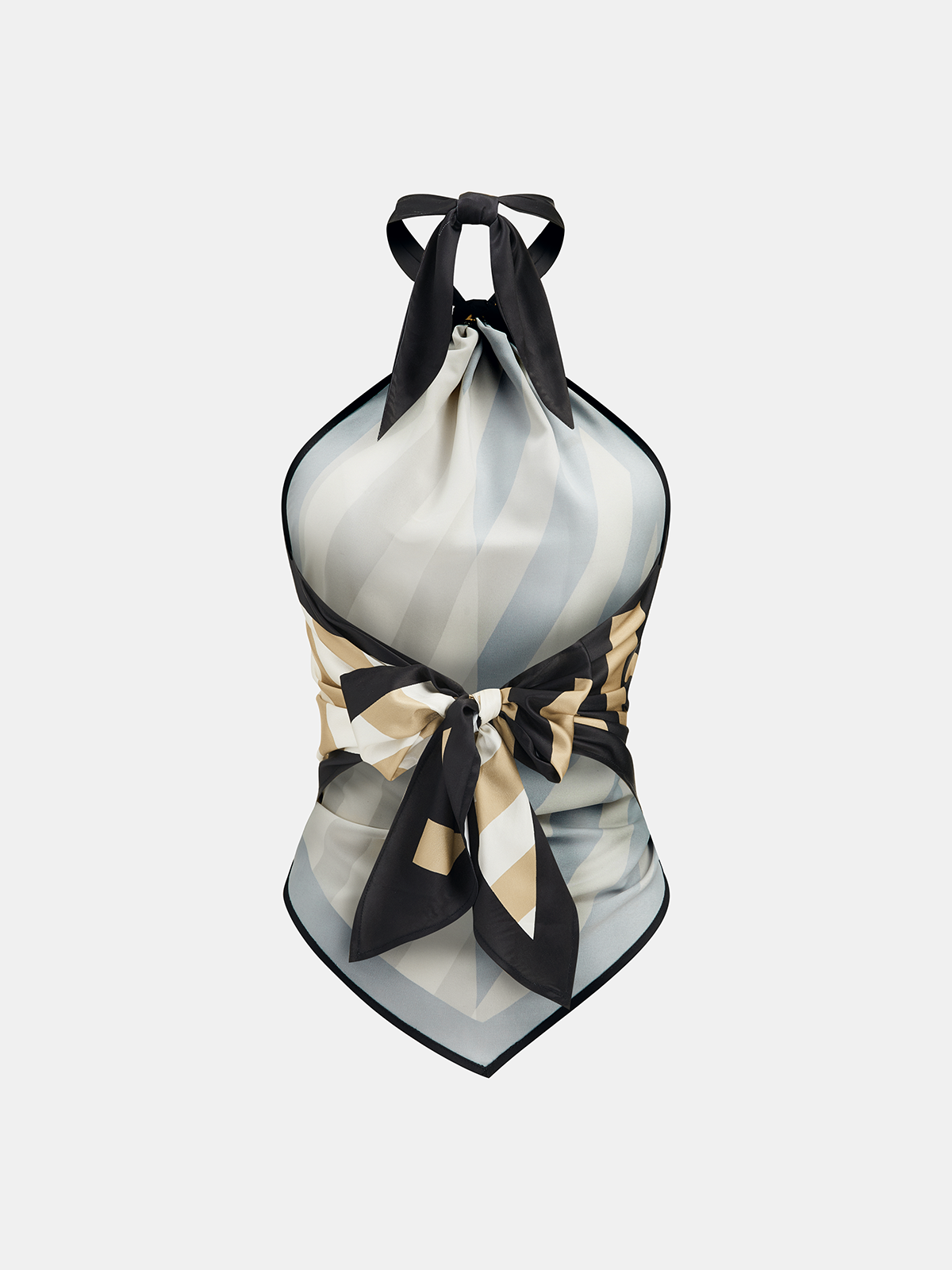Geometric-stripe satin halter top with asymmetric hem and scarf-style cut
