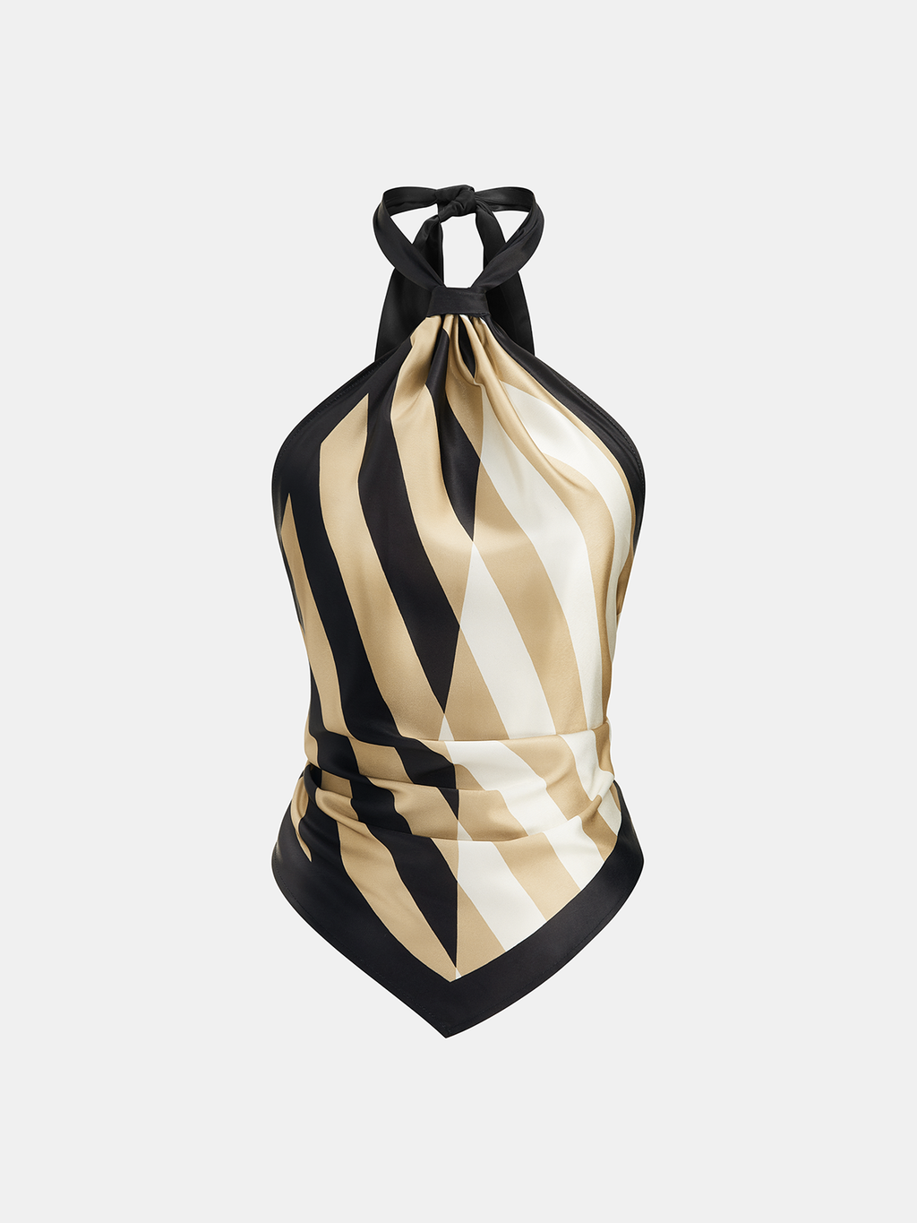 Geometric-stripe satin halter top with asymmetric hem and scarf-style cut