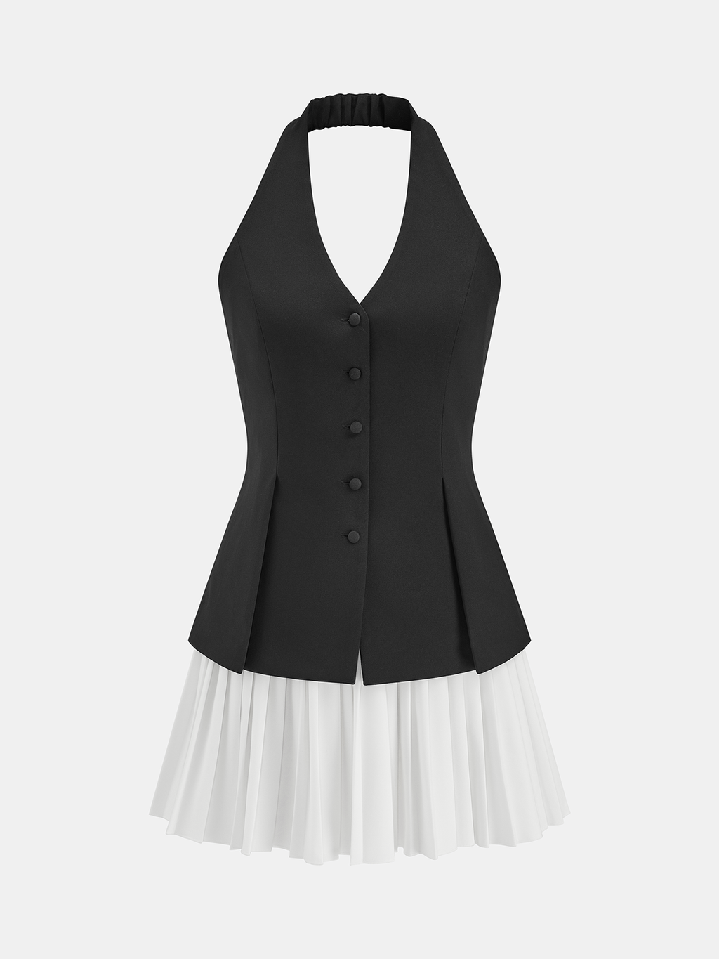 Halter Buttoned Vest & Pleated Mini Skirt Set