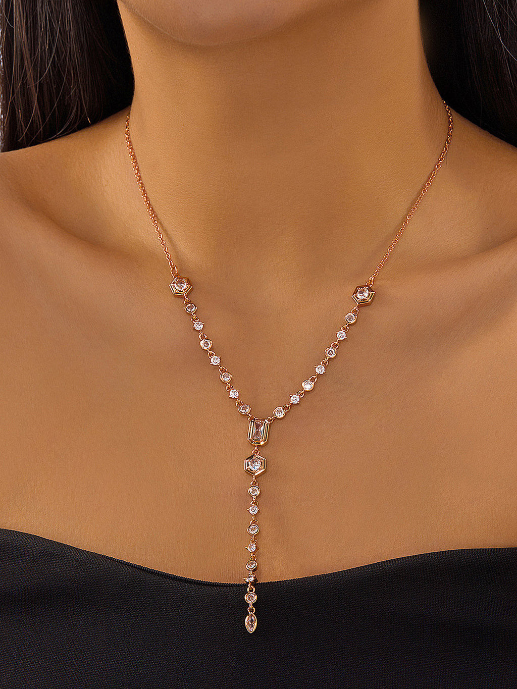 Geometric Zircon Y-Drop Lariat Necklace