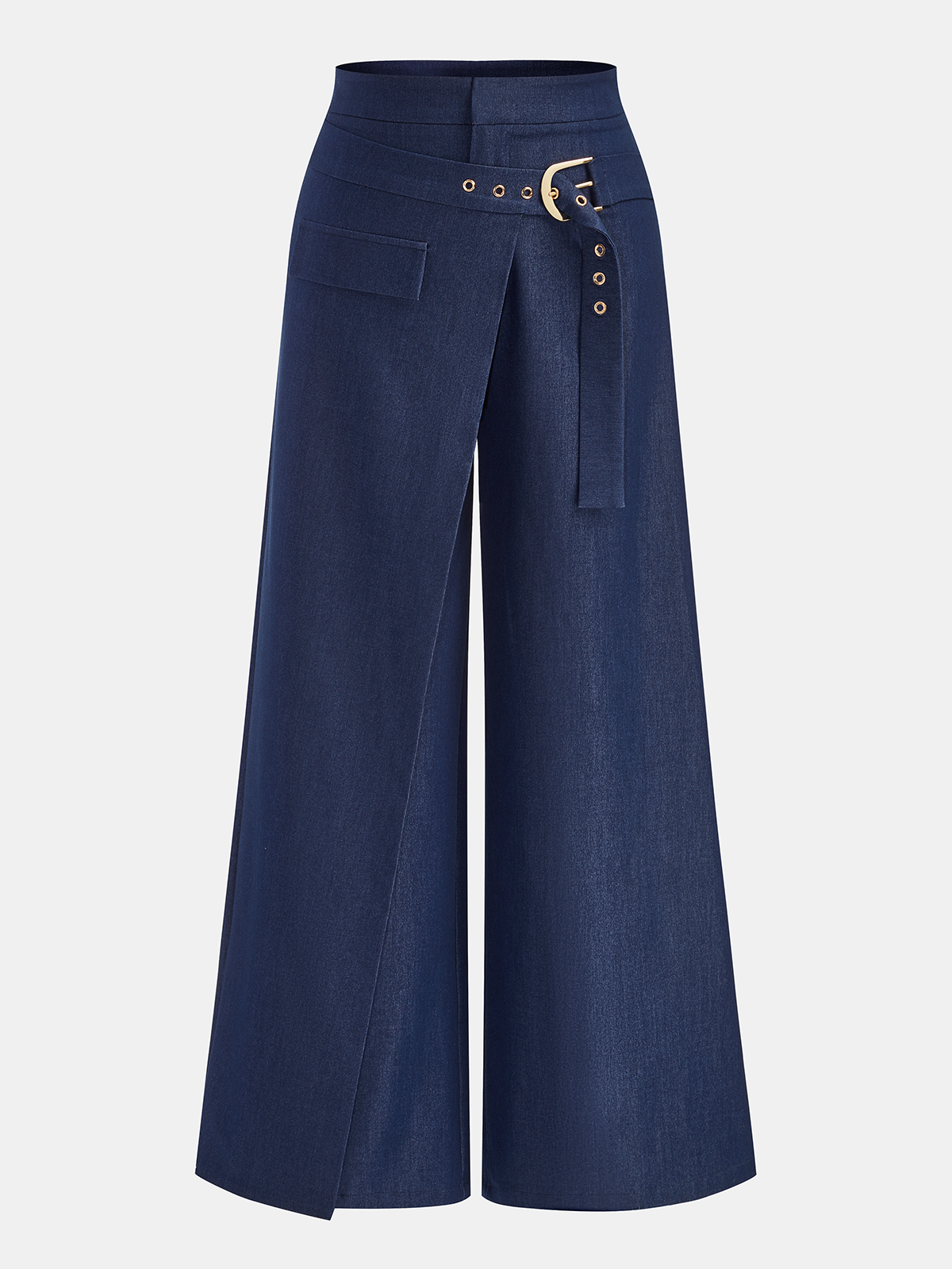 Buckle-Waist Overlap Wide Leg Pants