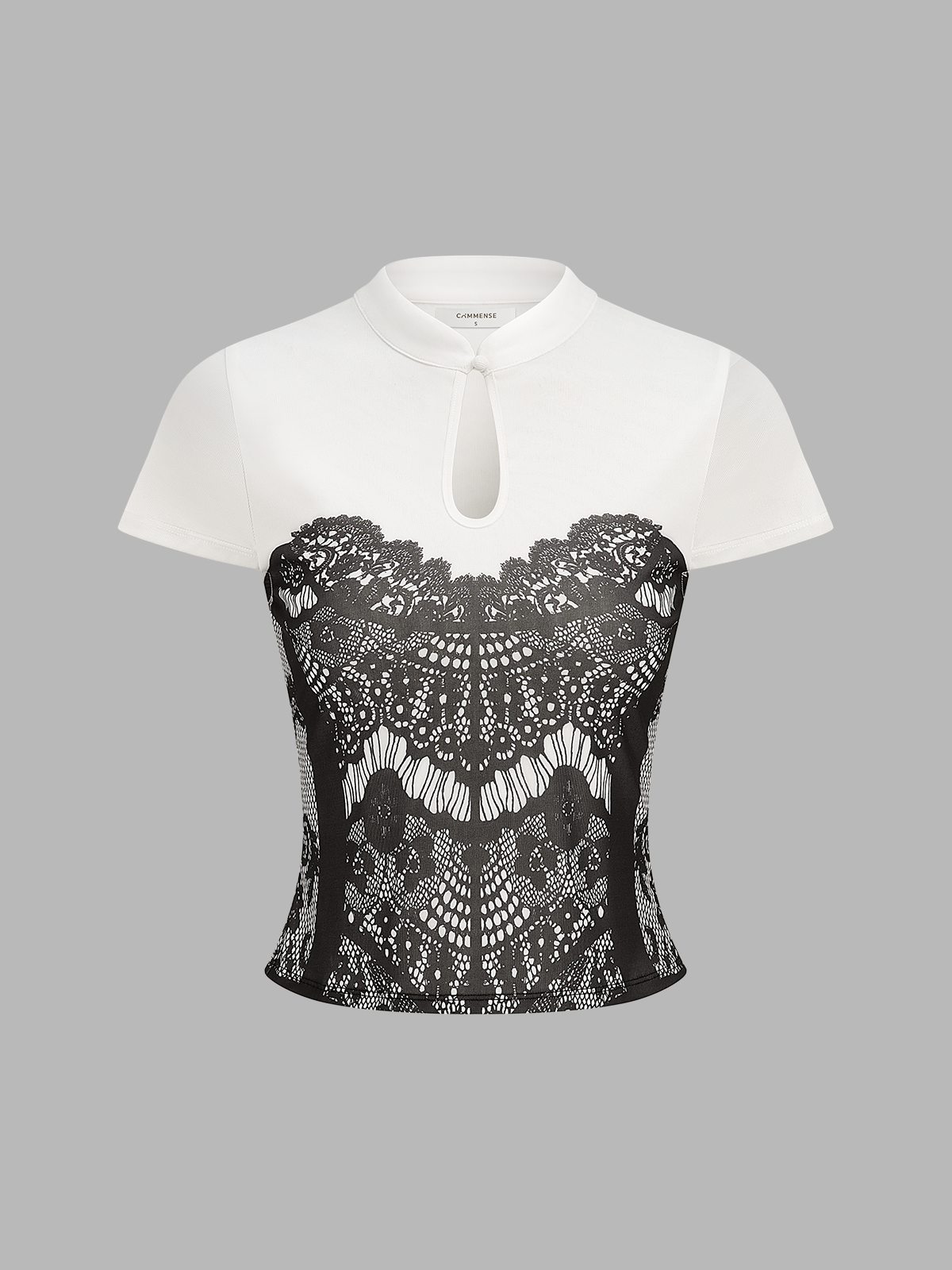 Lace Print Keyhole Neck Short Sleeve Top