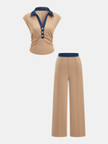 Denim Panel Sleeveless Knit Top & Pants Set