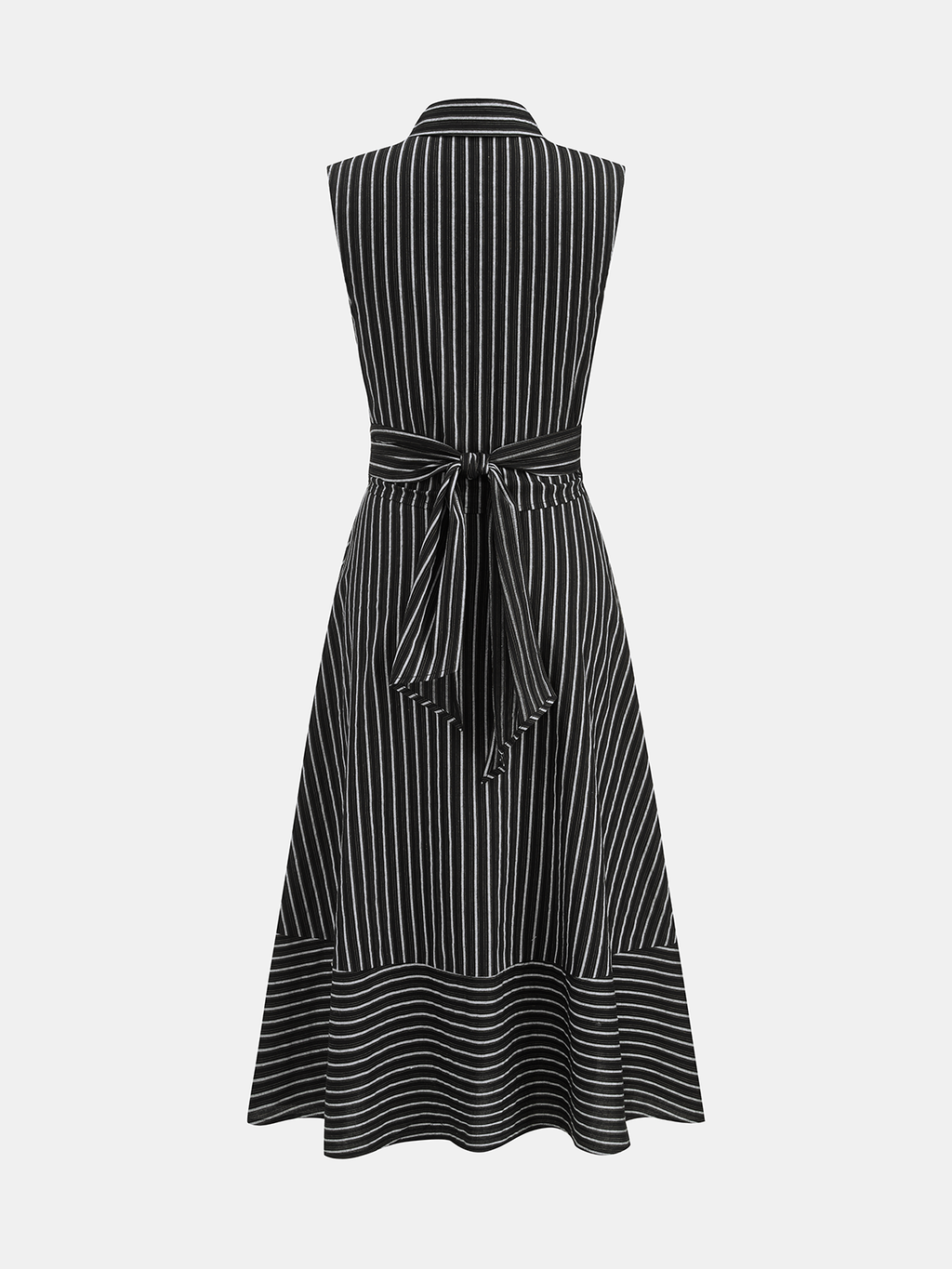 Striped Collared Sleeveless Tie Waist Midi Dress