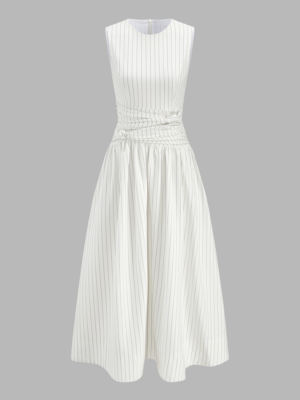 Cotton Blend Striped Ruched Sleeveless Maxi Dress