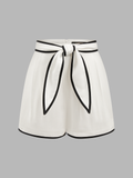 Contrast Trim Cotton Linen Tie-Waist Shorts