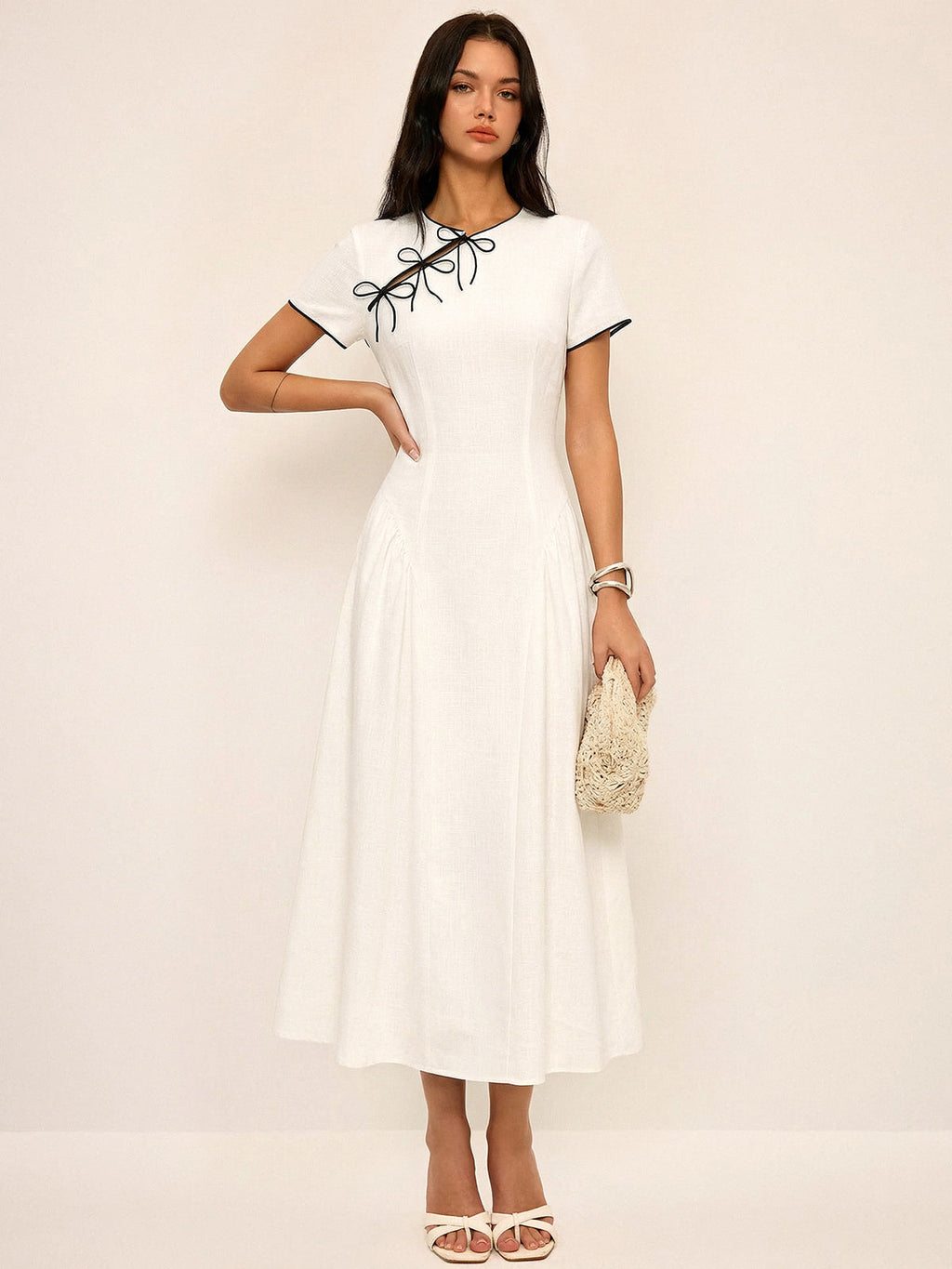 Bow Detail Cotton Cheongsam Midi Dress