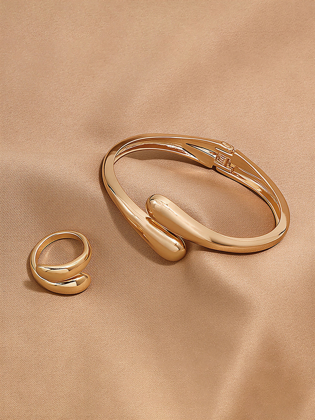 2Pcs Smooth Minimalist Open Bangle & Ring Set