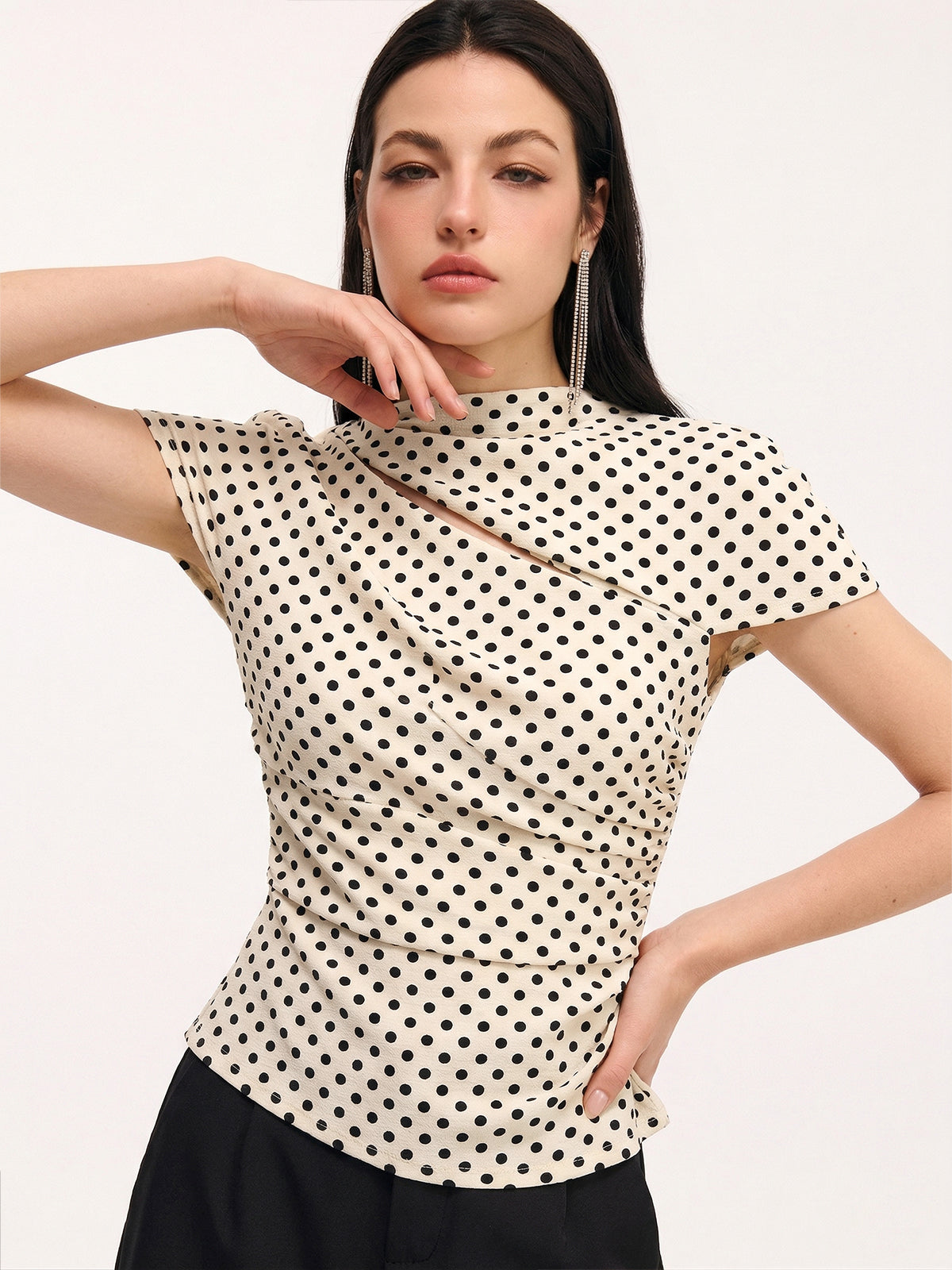 Polka Dot Cut-Out Ruched Short-Sleeve Blouse