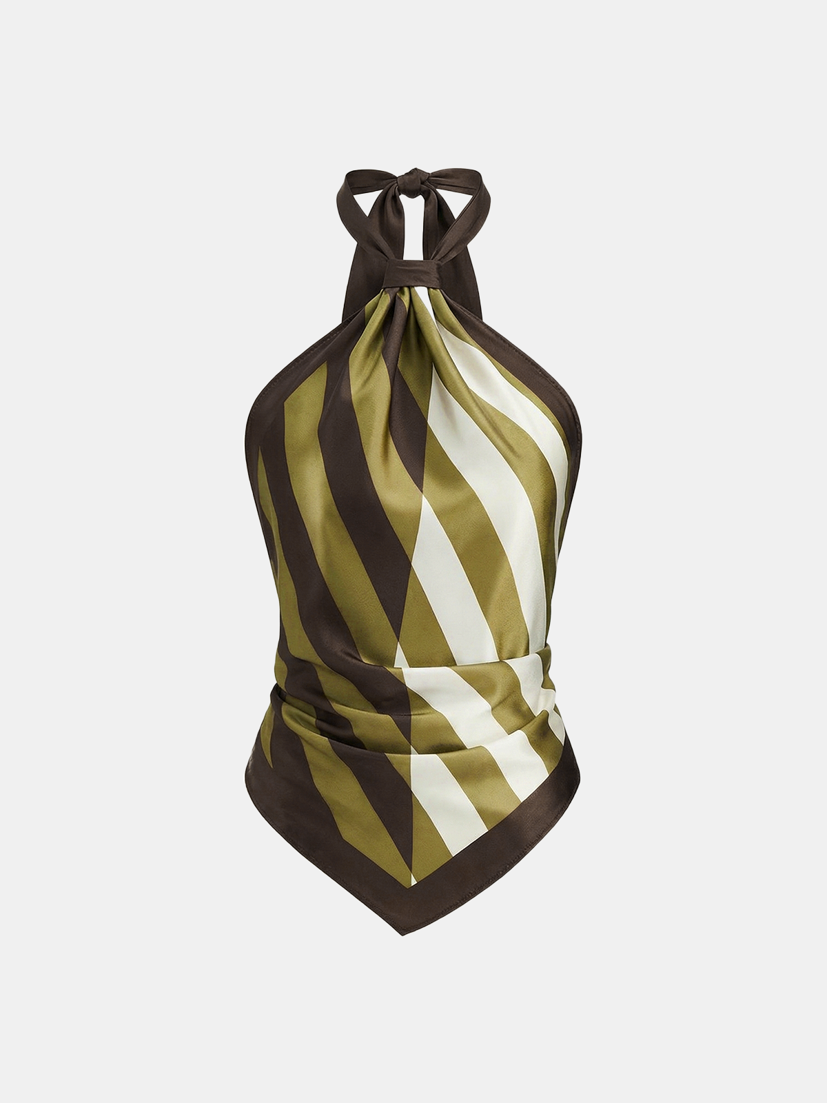 Geometric-stripe satin halter top with asymmetric hem and scarf-style cut