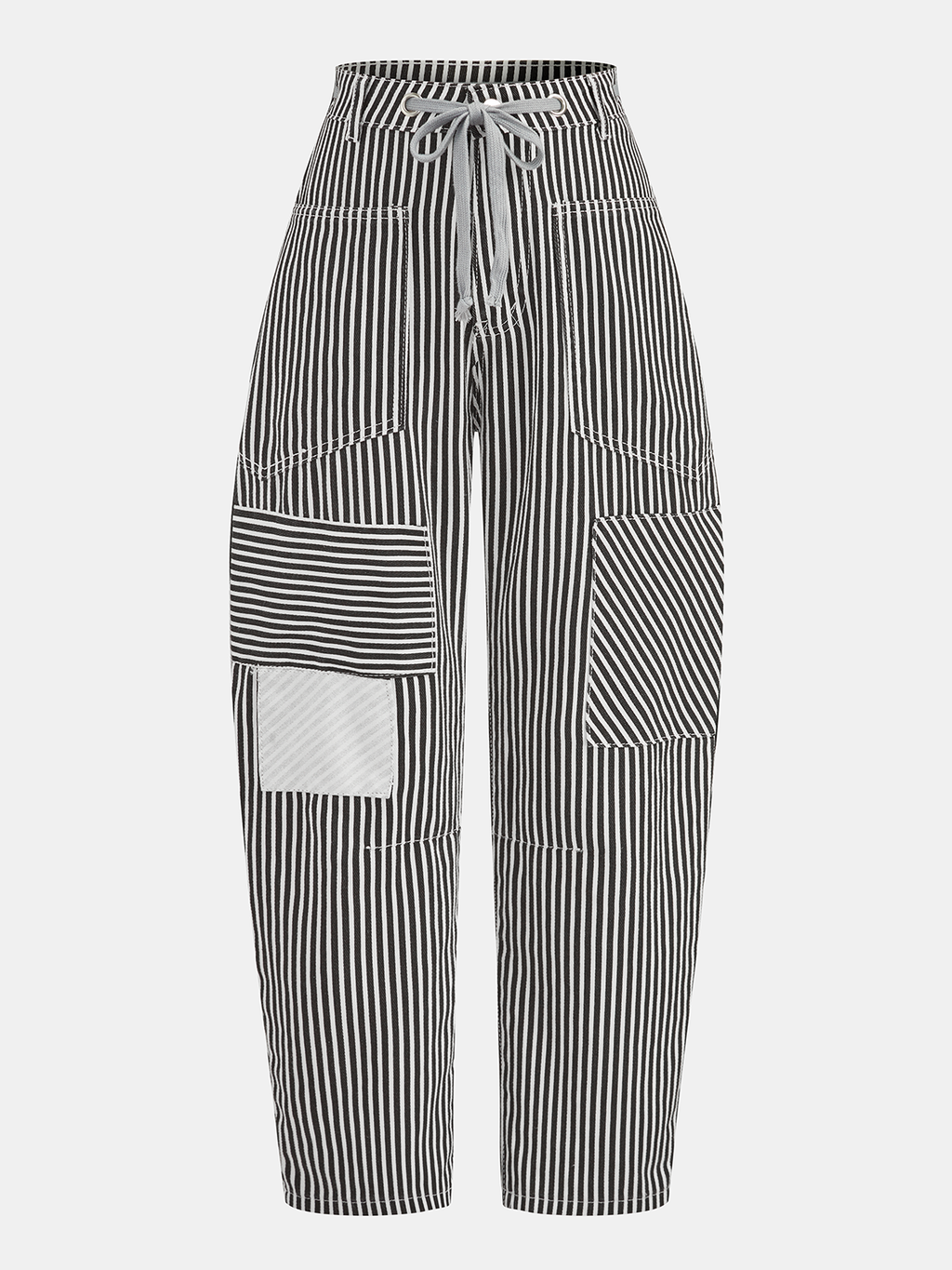 Striped Patchwork Drawstring Barrel Pants