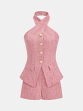 Halter Neck Metal Button Top & Shorts Set