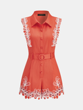 Embroidered Trim Belted Sleeveless Romper