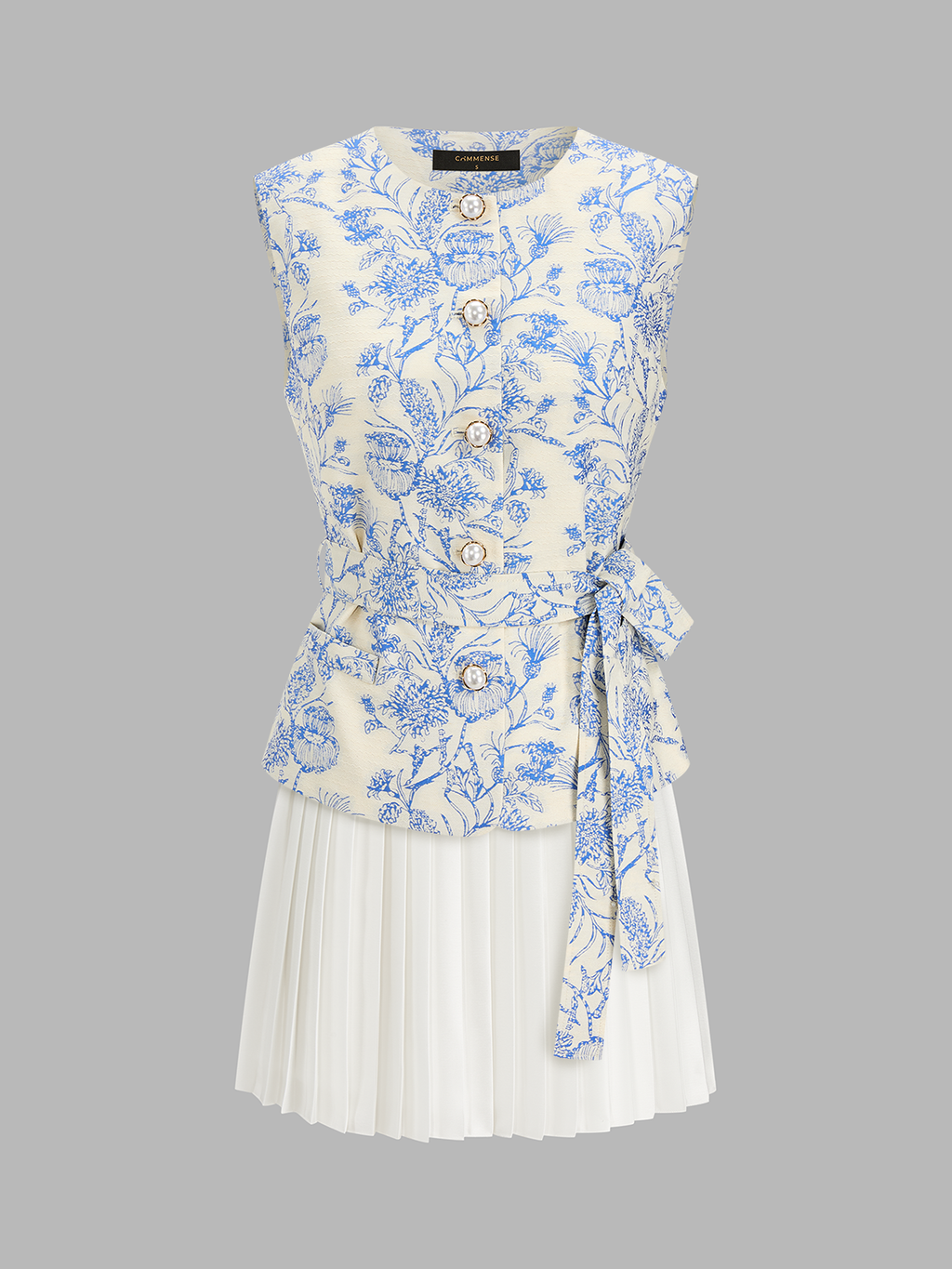 Floral Print Belted Vest & Pleated Mini Skirt Set