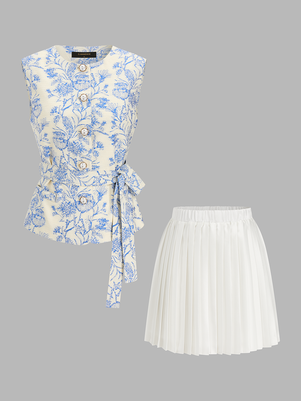 Floral Print Belted Vest & Pleated Mini Skirt Set