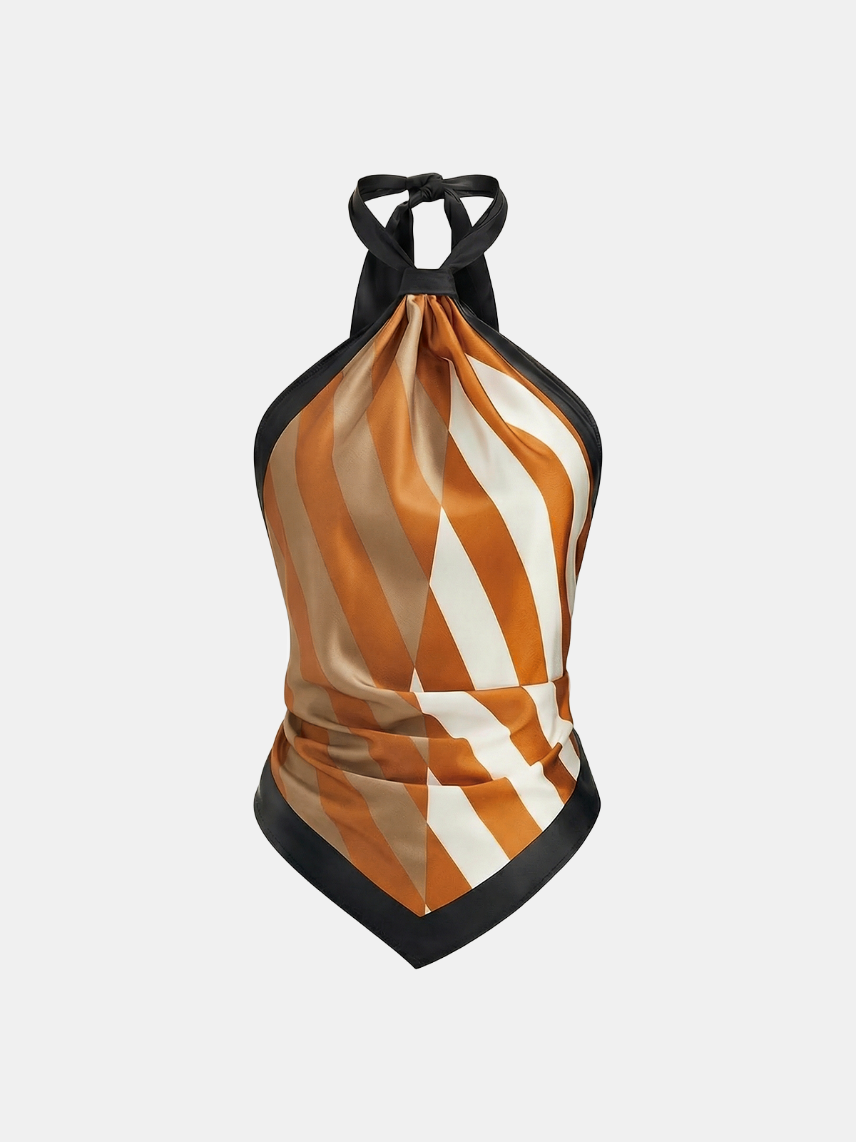 Geometric-stripe satin halter top with asymmetric hem and scarf-style cut