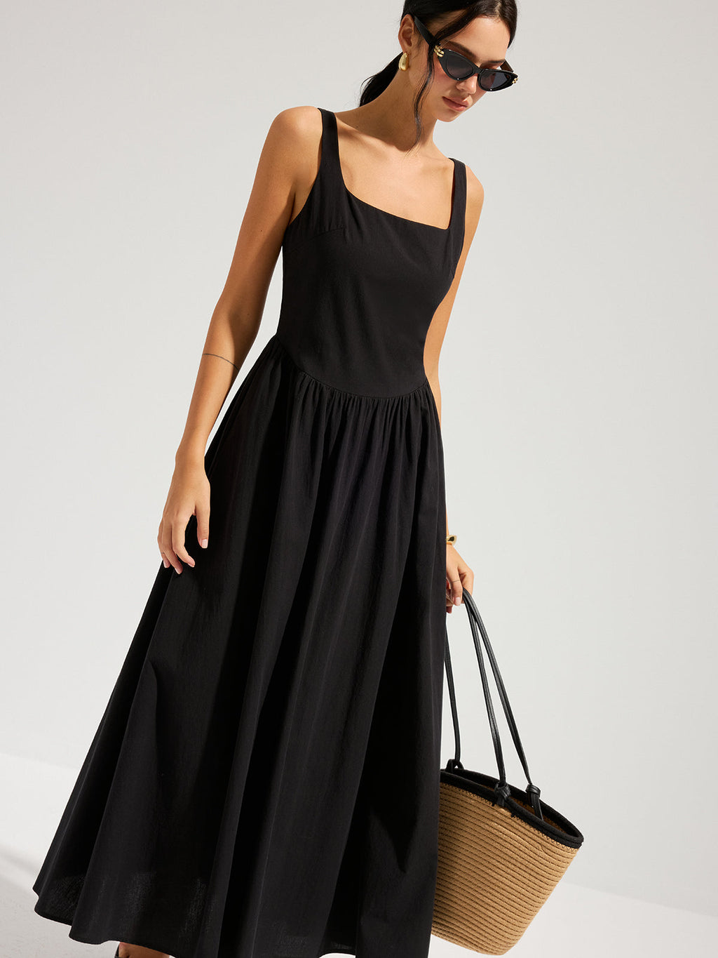 Cotton Square Neck Backless Maxi Dress