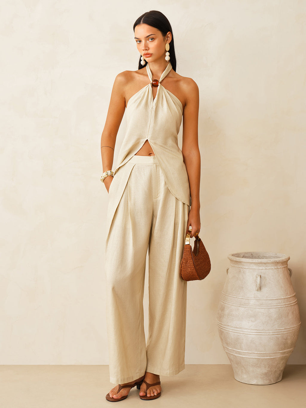 Linen-Blend Halter Top & Pants Set