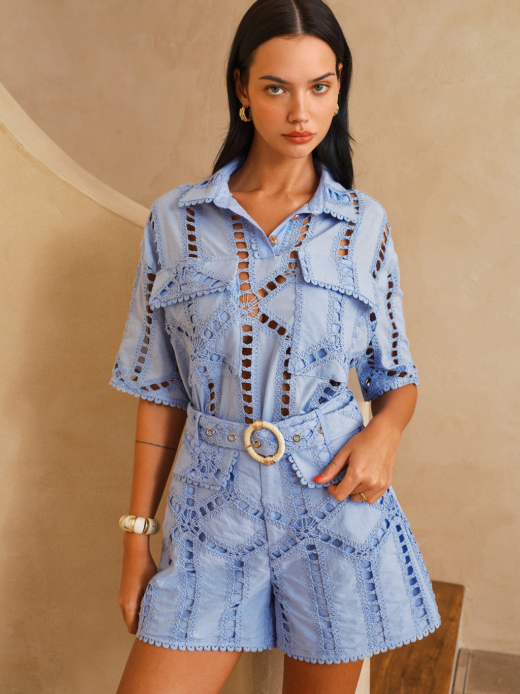 Eyelet Embroidery Mid-Waist Belted Shorts
