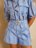 Eyelet Embroidery Mid-Waist Belted Shorts