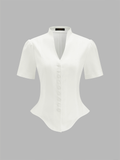 Stand Collar Button Front Asymmetrical Hem Blouse