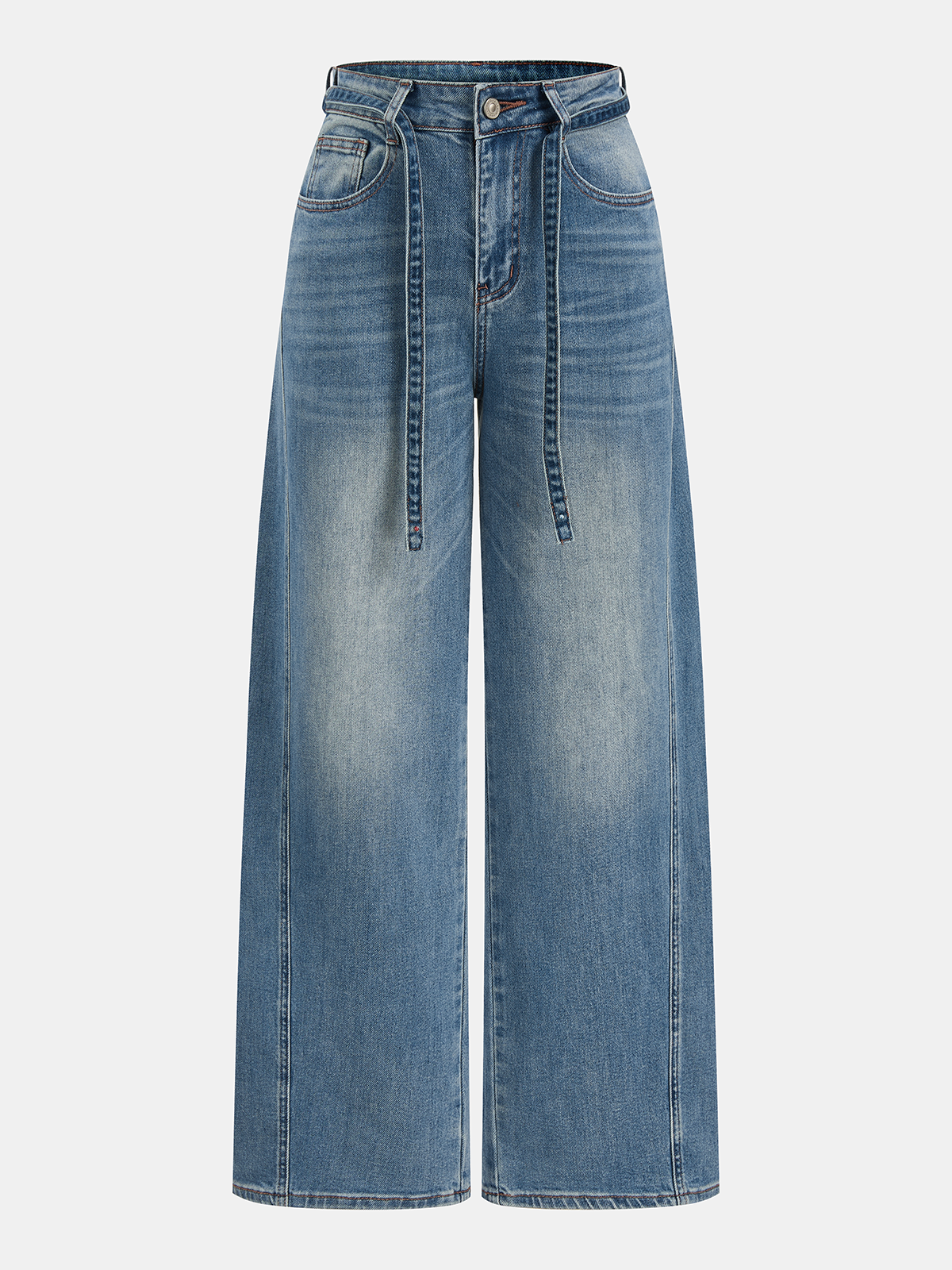 Tie Waist Curved-Leg Denim Pants